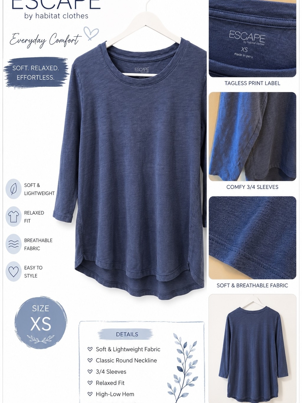Habitat Escape Navy Blue Crewneck 3/4 Sleeve Sweater